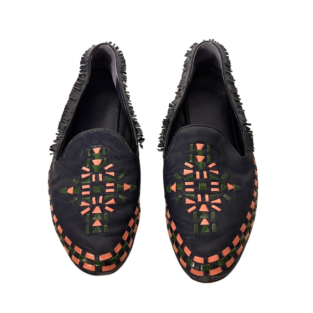 Tory Burch Loafers Women 7.5 Navy Blue Leather Woven Geometric Fringe Flats